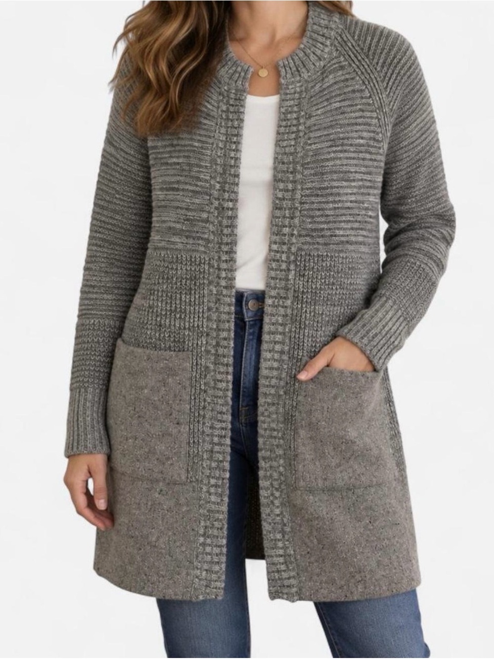 Banana Republic Gray Mixed-Knit Wool Blend Open Cardigan with Pockets XS Petite
